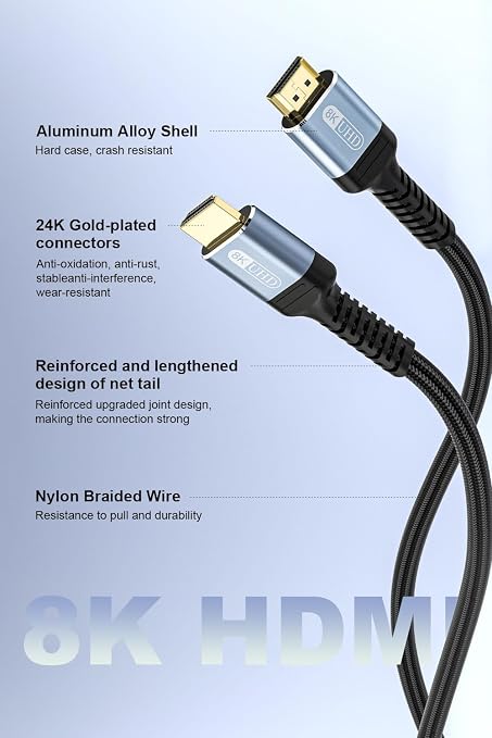 10K 8K 4K HDMI 2.1 Cable 6ft, 48Gbps Ultra High Speed HDMI Cable Braided Cord-8K@60Hz 4K@120Hz, Dynamic HDR, eARC, HDCP 2.2&2.3, 3D, for TV/Laptop/Monitor/PS5/Xbox/Projector/Entertainment/Sound System