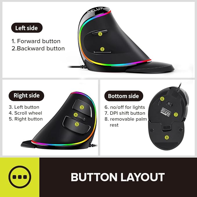 DELUX Wired Ergonomic Mouse and Mechanical Gaming Keyboard Combo, M618PLUS RGB Ergonomic Vertical Mouse, KM87PRO Wireless Mechanical Keyboard (M618PLUS RGB-KM87PRO)