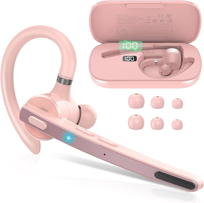 2026 Bluetooth Headset, Wireless Bluetooth 5.3 Earpiece, 90Hrs Single-Ear Headset with APTX HD Audio & Mute Button, Dual Noise Cancelling Mics, Hands Free Headphone for Trucker, Business, Gym, Pink