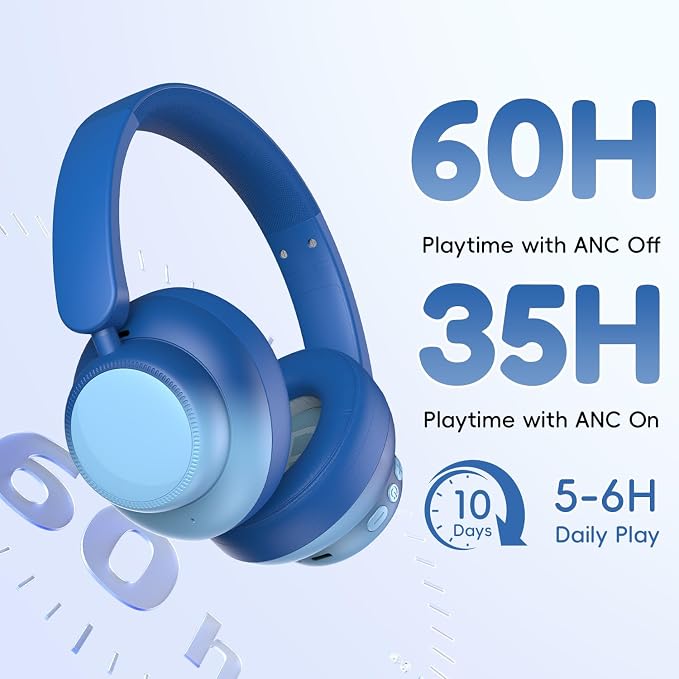 Candy Bila Active Kids Noise Cancelling Headphones, 60H Play Time Kids Bluetooth Headphones, Safe Volume, Bluetooth 6.0, USB C Charging, Headphones for iPad Tablet Airplane,Gradient Blue