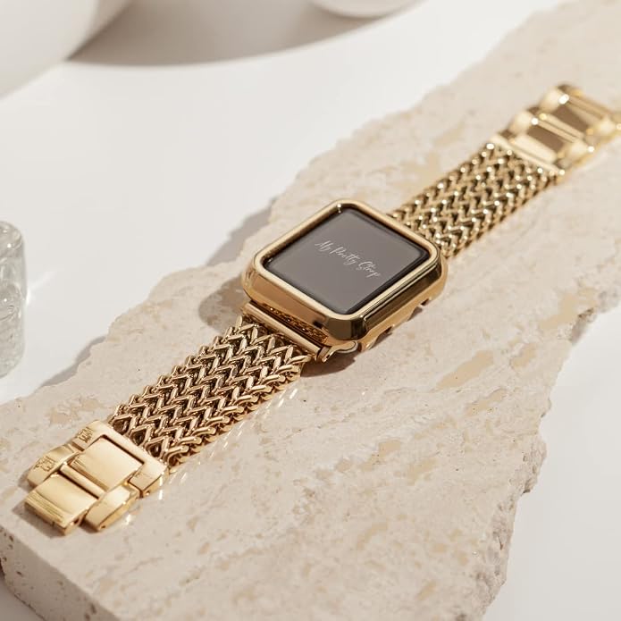 My Pretty Strap Gold Apple Watch Band & Glossy XOXO Protective Case Bundle – Elegant Stainless Steel Strap & Luxury Metal Cover for Apple Watch Series 1-11, SE & Ultra (40MM) Mermaid