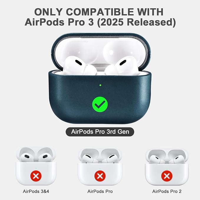 ICARER AirPod Pro 3 Case, 100% Geniune Leather Case, Handmade Top Grade Vintage Cover, Shockproof Protective Cover Support Wireless Charging, Compatible with AirPods Pro 3 2025 Model (Blue)