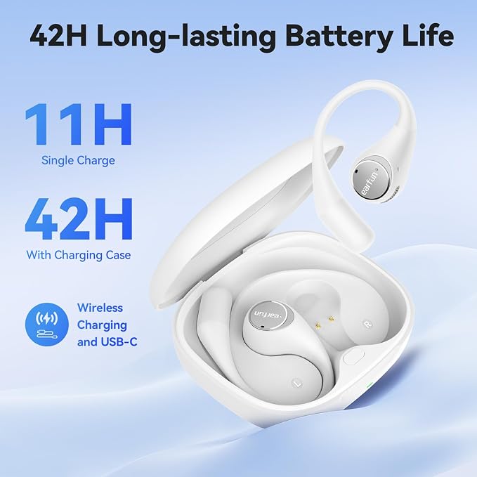 EarFun OpenJump Open Ear Headphones, Wireless Earbuds with Ergonomic Earhook, Hi-Res Sound, LDAC, 4 Mics ENC Call, 42H Playtime, Multipoint Connection, IPX7 Waterproof, Snug Fit for Workout, White
