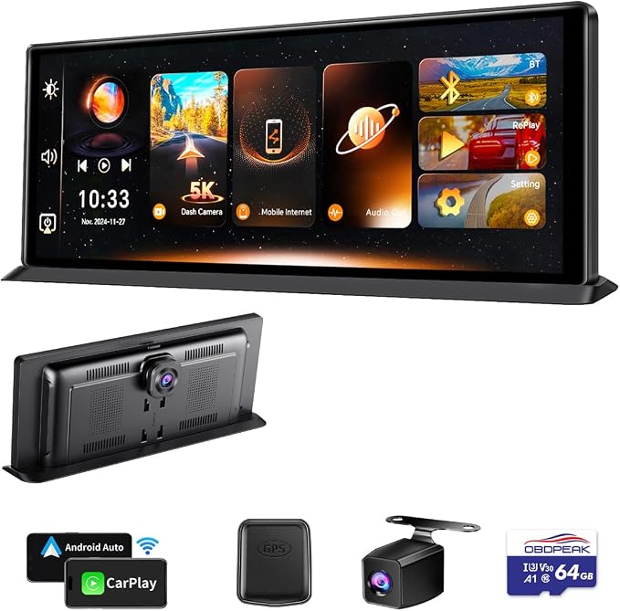 K80 Wireless Carplay & Android Auto with Dash Cam- 11.3" HD IPS Touch Car Play Screen for Car, 5K Front & 1080P Rear Camera, Loop Recording, Bluetooth Audio, Mirror Link, GPS, Siri