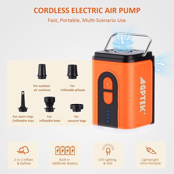 AGPTEK Travel Vacuum Bags with Mini Pump, IP67 Waterproof 2PCS Compression Bags for Carry on Luggage and Backpack, Electric Air Pump with 5 Nozzles & LED Light, Vacuum Seal Packing Cubes for Clothes