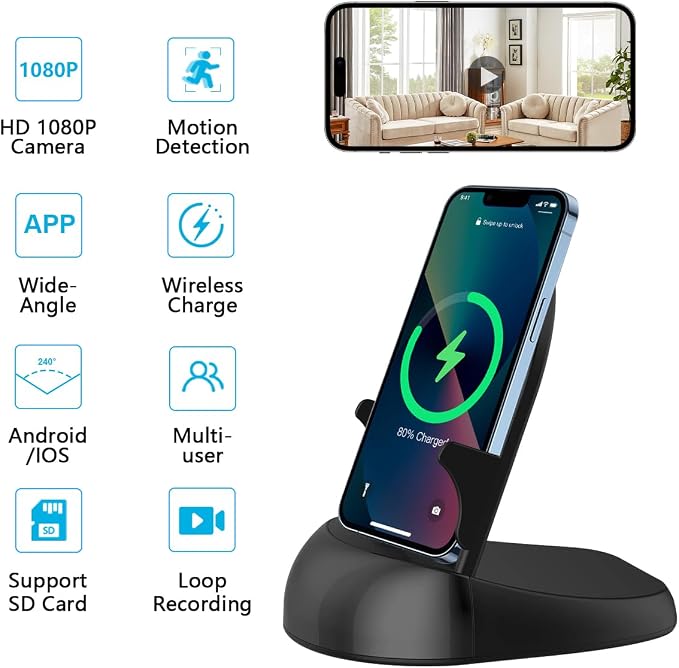 Security Camera WiFi Wireless Phone Charger, Security Cam Motion Activated,HD1080P(Rotate Lens) with 250°Viewing Angle, camaras espias ocultas for Home Office Security(2.4/5G)