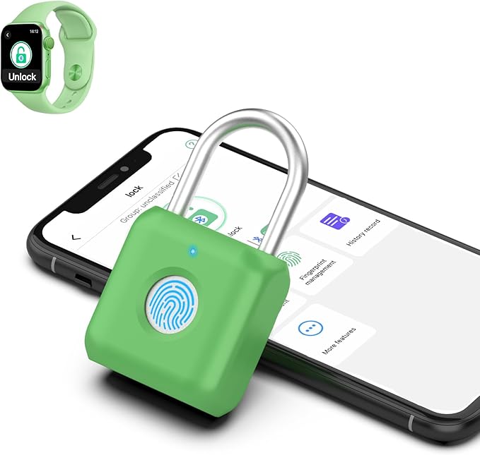 Fingerprint Padlock eLinkSmart Gym Locker Lock with Phone App iOS Watch Metal Keyless Combination Locks for Backpack Suitcase Luggage School Sports Locker Toolbox Hasp Storage Green