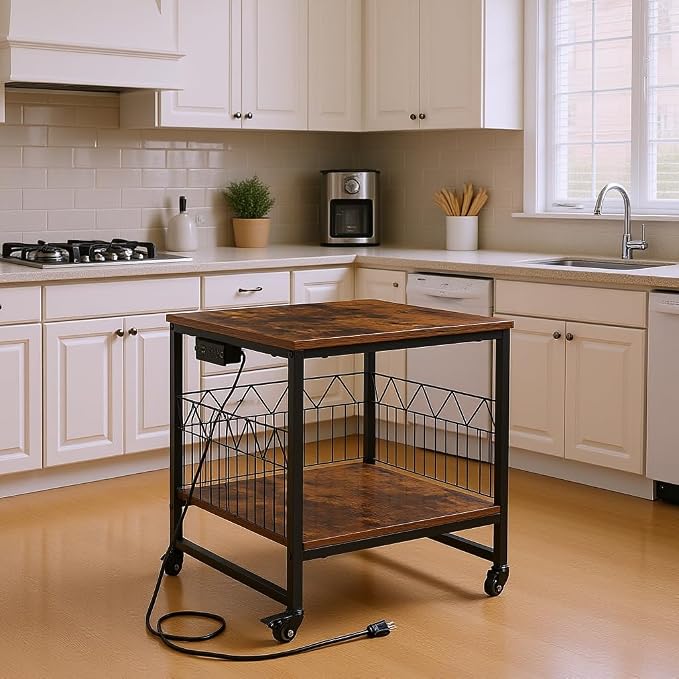 Mini Fridge Stand Heavy-Duty Metal Frame | Built-in 1 USB + 1 Type-C + 2 AC Outlets Rolling Fridge Cart for Dorm, Office, Bedroom | Adjustable Feet & Movable Drawer 19.7" W/D x 22.7" H