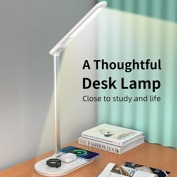 3-in-1 Wireless Charging Desk Lamp,15W Qi Fast Charger for Phone/Watch/Earbuds,Adjustable LED Light with 3 Colors & Stepless Dimming,Flexible Gooseneck,Touch Panel,HYT2096 White.