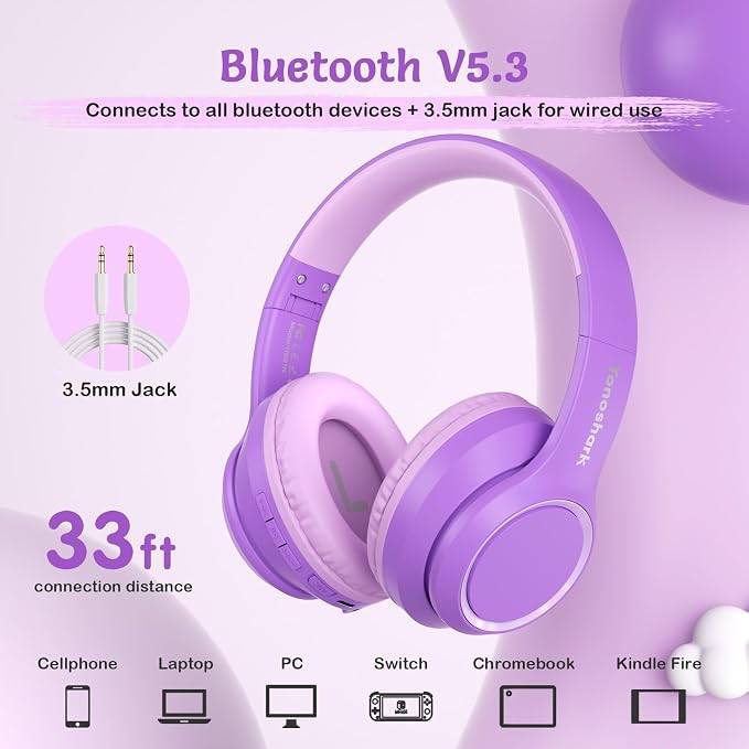 TONOSHARK Kids Bluetooth Headphones with Active Noise Cancelling, Wireless Over-Ear Headphones for Boys Girls, Foldable, Adjustable, 40H Playtime, Mic for School Travel(Purple)