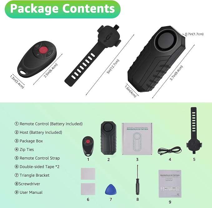 USUPERINK Bike Alarm with Remote, 113dB Bike Alarm for Motorcycle Moped Scooter IP65 Waterproof Adjustable Volume Sensitivity Universal Remote Strap for All Handlebar Sizes