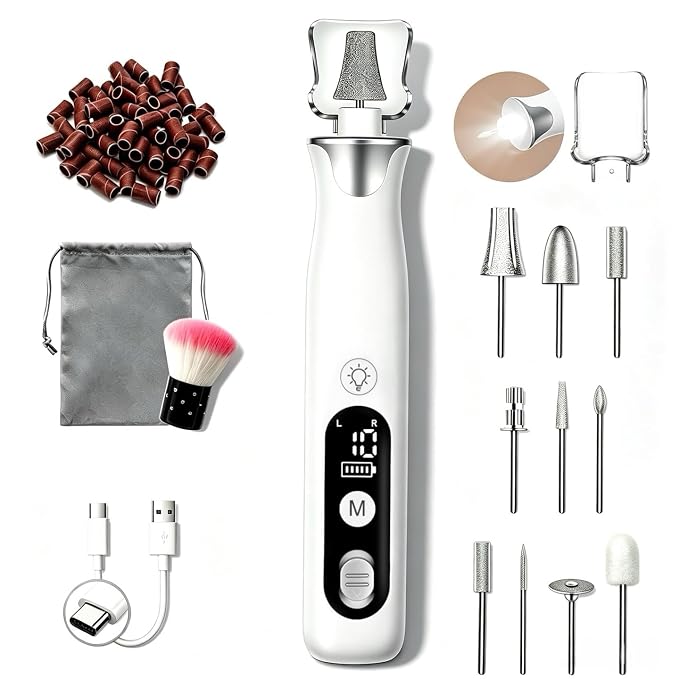 Cordless Electric Nail Drill,Professional Hand Feet Care Rechargeable File Kit,Gel Nail Polish Remover Machine with LED Display,Acrylic Gel Nail Polishing Removing (Silvery White Set)