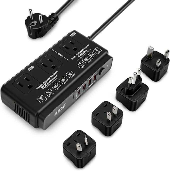 220v to 110v Travel Voltage Converter: International Universal Voltage Black Converter US to Europe Power Strip Plug Transformer - 2000W Electric Hair Dryer Step Down Outlet Converters for European UK