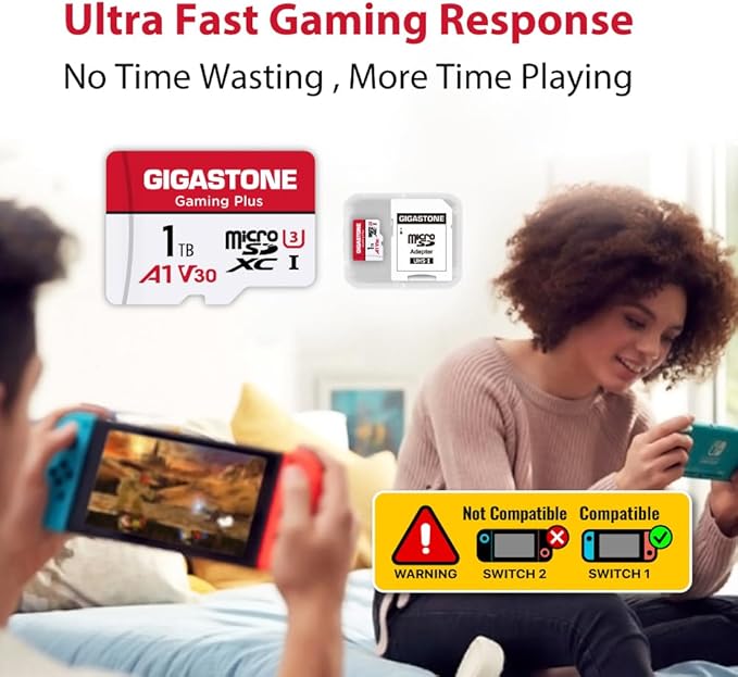 【for Switch 1 Only】 GIGASTONE 1TB Gaming Plus Series Memory Card Speed Up to 150/120MB/s for Nintendo-Switch 1, Steam Deck, 4K Video A1 V30 U3 MicroSDXC with SD Adapter