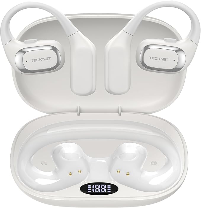 TECKNET Open Ear Earbuds, 6.0 Bluetooth Over Ear Earbuds with Smart Digital Display, 38H Playtime, IPX5 Waterproof Wireless Open Ear Headphones, Touch Control for Travel, Cycling, Running, White