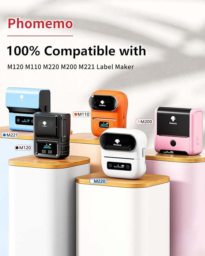 Phomemo M220 Label Maker White & 1 Roll Transparent Thermal Label 1.96"x1.18"(50x30mm), Upgrade 3 Inch Barcode Portable Printer, for Office & Small Business, Compatible with Phones&PC
