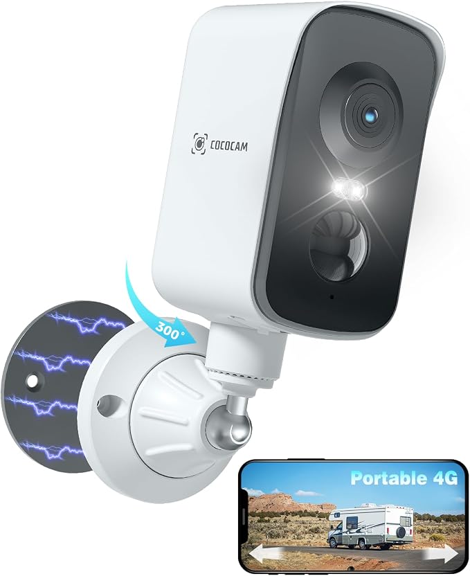 COCOCAM 4G Portable Magnetic Cellular Security Camera Wireless,2K Indoor/Outdoor Camera for RV/Camping/Travel, 300°Pan,10000Ahm Battery, PIR&AI Human Detection,IP66, Built-in SIM Card (NO WiFi)