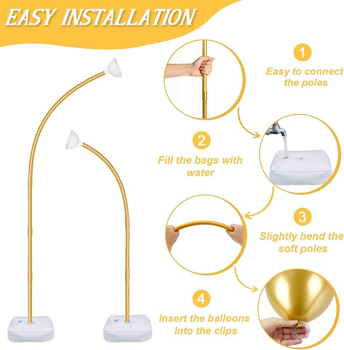 AerWo [Upgraded] Balloon Arch Kit 8.2ft+6ft, Gold Half Balloon Arch Stand with Base, Free Bending Top Curve Balloon Frame Stand for Floor Birthday Wedding Christmas Decorations
