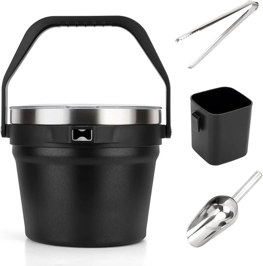 Luxfuel Double-Wall Vacuum Insulated Ice Bucket with Lid, Scoop & Tongs, 256 oz Capacity Stainless Steel Beverage Bucket for Champagne, Cocktails, Wine, Beer, and Large Party - Carbon