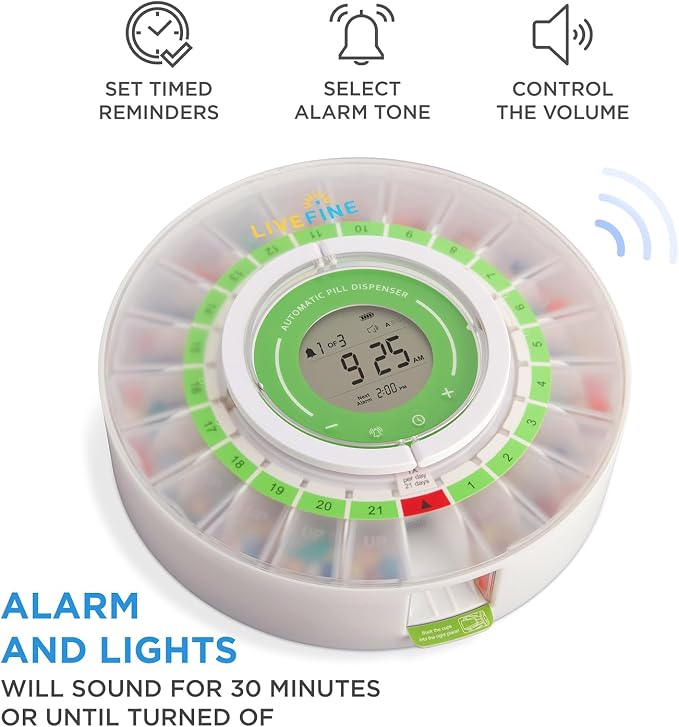 LiveFine Automatic Pill Dispenser with Removable Cups, 21 Compartments, 9 Dosage Rings, Alarm Reminder, LCD Display, Sound & Light Alerts, Locking Key for Vitamins, Supplements, Medications & Seniors