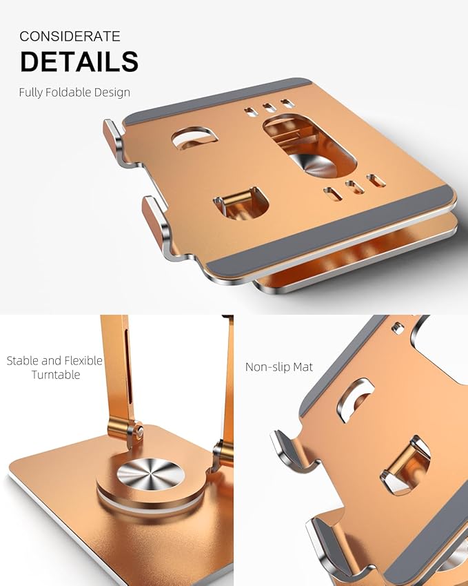Orlian Tablet Stand Holder with Thickened 360°Rotating Base Dual Rod Adjustable Aluminum Stand for All 5.8-12.9” iPad Samsung Phone Tablet Kindle E-Reader and More, Champagne Gold
