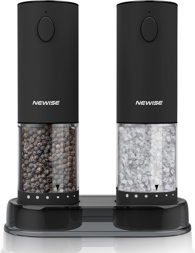 Newise Electric Salt and Pepper Grinder Set, Rechargeable Pepper Mills with LED Light & External Coarseness Adjustment, Kitchen Gadgets for Mom Home Cooks & Families - Black