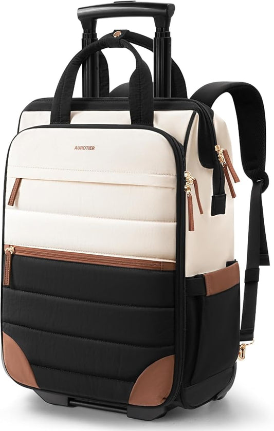 Rolling Puffer Backpack for Women, Travel Backpack with Wheels, 16 Inch Wheeled Laptop Backpck, Dual-Opening Design Overnight College Underseat Carry on Luggage, Roller Business Work Bag, Beige Brown
