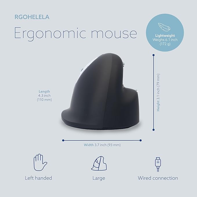 R-Go HE Vertical Ergonomic Mouse, for Large Left-Handed, with Break Software, USB-C Wired, Prevents Tennis Elbow/Mouse Arm RSI, Silent Click, 5 Buttons - Compatible Windows/MacOS, Black/Silver
