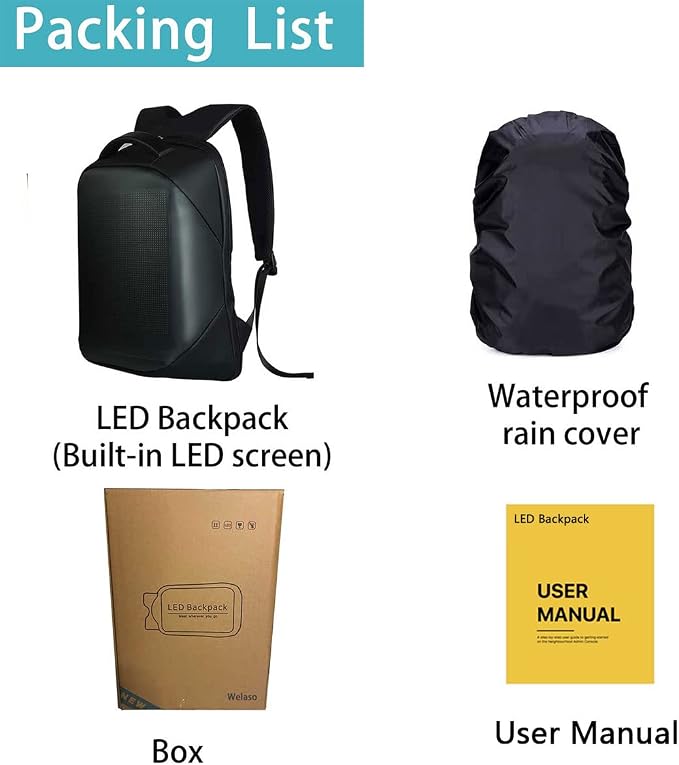 Welaso Smart Bluetooth LED Backpack with Colorful LED Sign Panel and Programmable, DIY Laptop Daypack Bag,Black (Medium 21L,with Rain Cover)