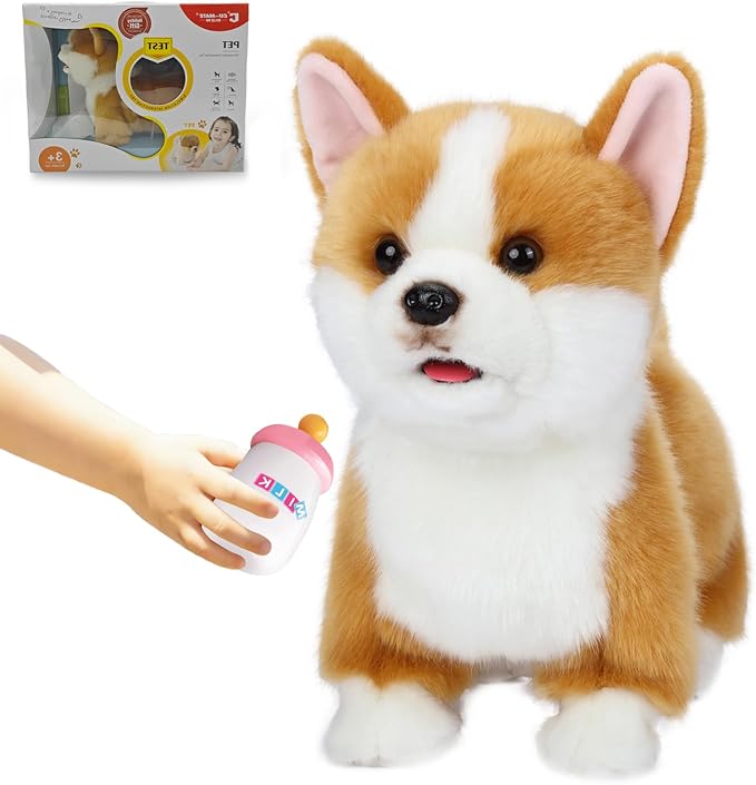 CU-MATE Electronic Walking Dog Toy, Interactive Plush Corgi Puppy, Realistic Interactive Pet Toy Dog, Walking, Barking, Wagging Tail & Talking, Present Gifts for 3+ Year