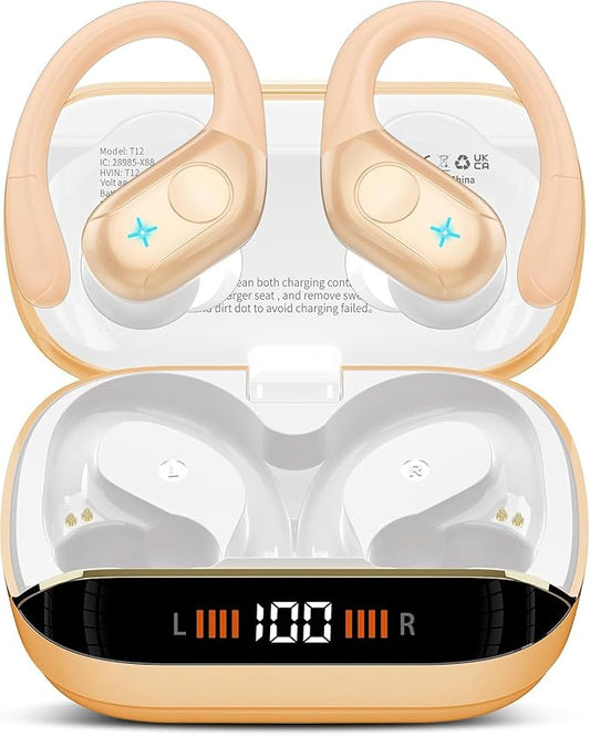 Qecnato Wireless Earbuds Bluetooth 5.4 Headphones, Stereo Deep Bass Over Ear Buds with Earhooks, Bluetooth Earbuds with 4 ENC Mic, IP7 Waterproof Earphone for Running Light Brown