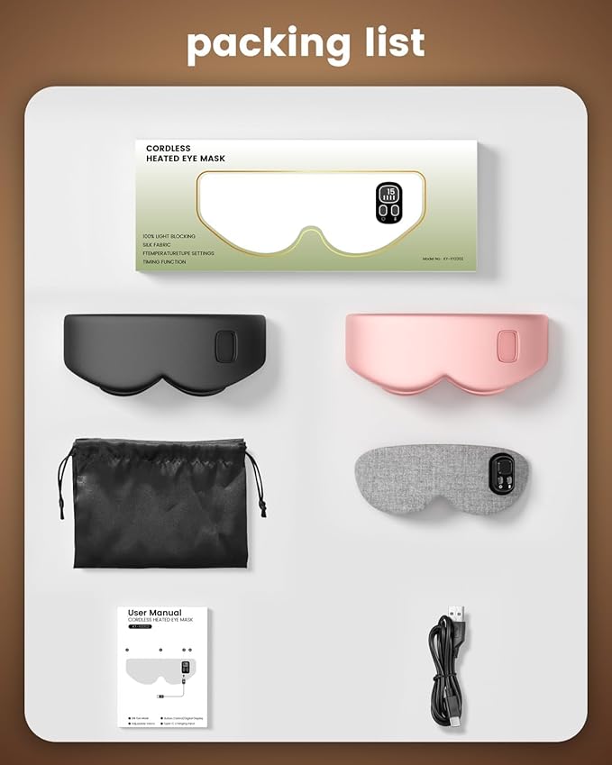 Heated Eye Mask - Cordless Eye Mask for Dry Eyes - Eye Heating Pad with LED Display, Eye Relief, 4 Temperature, Improved Sleep, Travel, Office, Includes Removable and Washable Shells Pink and Black