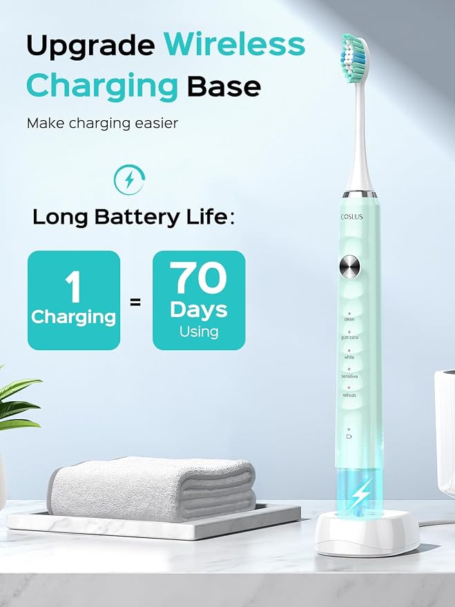 COSLUS Electric Toothbrush for Adults and Kids: Wireless Rechargeable Tooth Brush with Portable Travel Case, 5 Modes 47000 VPM Power Toothbrushes 6 Brush Heads 1 Charge for 70 Days 2 Items