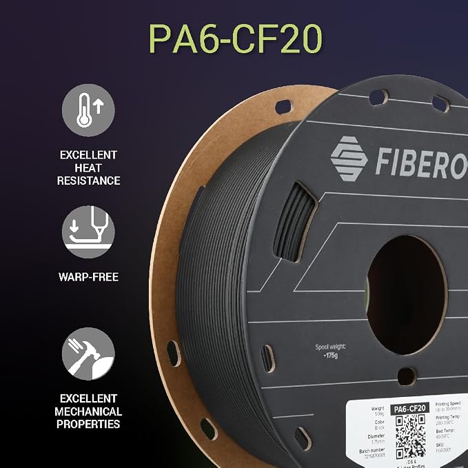 Polymaker Fiberon PA6-CF20 Carbon Fiber Nylon Filament 1.75mm Black 0.5kg, Fiberon PA6-CF20 Nylon Warp Free 1.75mm 3D Printing Filament