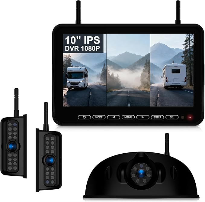 Fookoo 1080P 10" Wireless RV Backup Camera System for Furrion Pre-Wired RV Truck Trailer, 10" IPS Monitor, 2 Side View 1 Rear View Cameras, Split Screen IR Night Vision Recording Waterproof - D10Y3