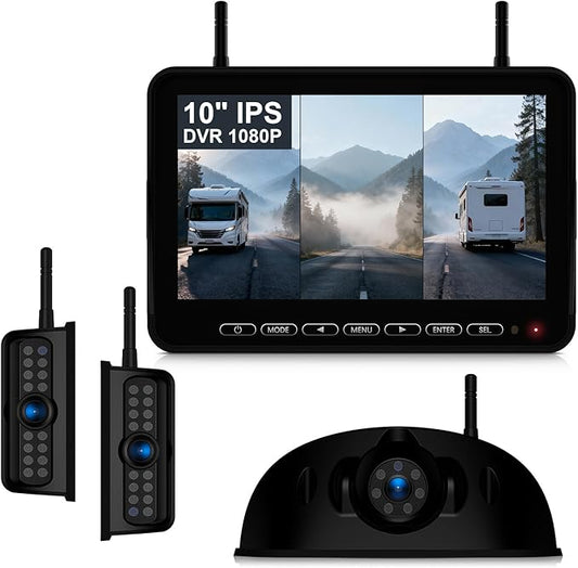 Fookoo 1080P 10" Wireless RV Backup Camera System for Furrion Pre-Wired RV Truck Trailer, 10" IPS Monitor, 2 Side View 1 Rear View Cameras, Split Screen IR Night Vision Recording Waterproof - D10Y3