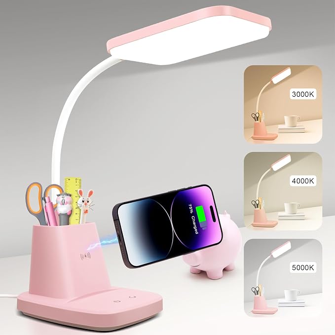 Pink Desk Lamp, Small Desk Lamp with Pen Holder, Wireless Charger LED Desk Lamps for Home Office, Kids Desk Lamps 800LM Flexible Arm 3 Modes Dimmable Touch, Study Lamps for College Dorm Room