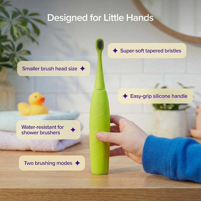 Burst Kids & Toddlers Electric Toothbrush (Green) | Soft Bristles | Two Minute Timer | Rechargeable Battery | Easy-Grip Silicone Handle | 2 Modes for Healthy Smiles | Ages 3+