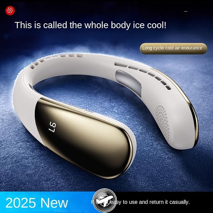 AICE Ultra Neck Fan, Portable Cooling Fan with LED Display, 6-Speed, 3000mAh Battery, White & Champagne Gold