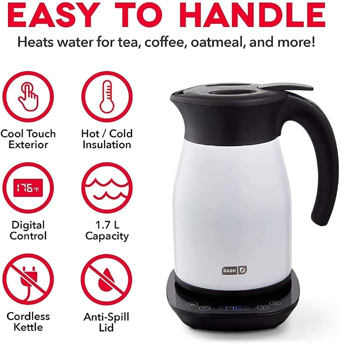 Dash Insulated Electric Kettle, 1.7L Stainless Steel Tea Kettle with Temperature Control, Keep Warm, Digital Display, Cool-Touch Exterior, Hot Water for Tea & Coffee, 1500W