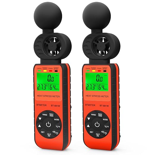 BTMETER Heat Stress Meter Anemometer - Digital Indoor/Outdoor WBGT (Wet Bulb Globe Temperature) Meter with Wind Speed, Ambient Temp, Humidity Tester BT-881W 2pcs