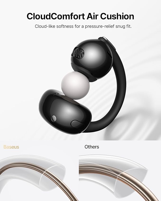 Baseus Bowie MC2 Air Open Ear Clip-on Earbuds, CloudComfort Air Cushions for Workout Running, 11mm Drivers Super Bass 2.0, IP67 Waterproof, 40H Playtime, Flexible Secure Fit Earbuds