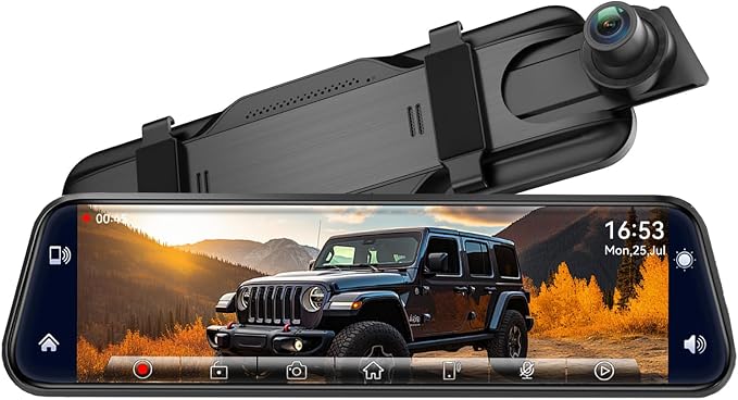 2.5K Mirror Dash Cam with Carplay&Android Auto,10" Rear View Mirror Camera for Cars/Trucks with Voice Control/ 64GB Card/Touch Screen/Parking Monitor/Reverse Assist/Dual Loop Record/WDR Tech