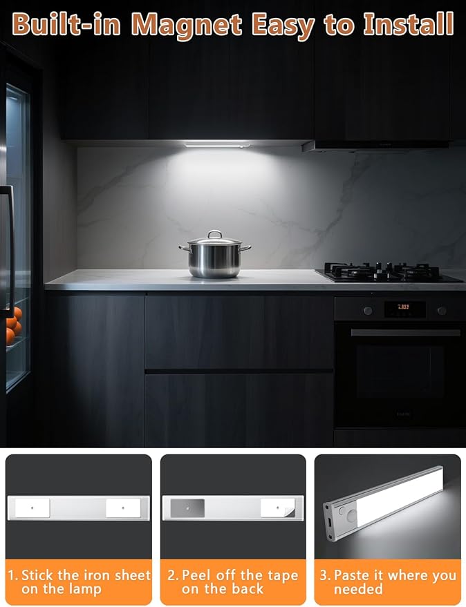 Under Cabinet Motion Sensor Lighting: 8 Inch Dimmable Rechargeable Lights Indoor - Battery Operated Lights - Undercabinet Closet Light Magnetic Led Light for Kitchen Home Bathroom Counter 2 Pack