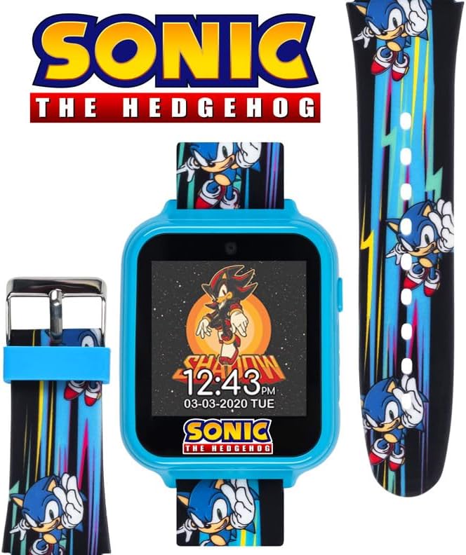 Sonic the Hedgehog Kids Smart Watch - Interactive Touchscreen with Games, Selfie Camera, Step Tracker, Alarm, and Printed Silicone Strap - Fits Wrists 5.5" to 8.0"