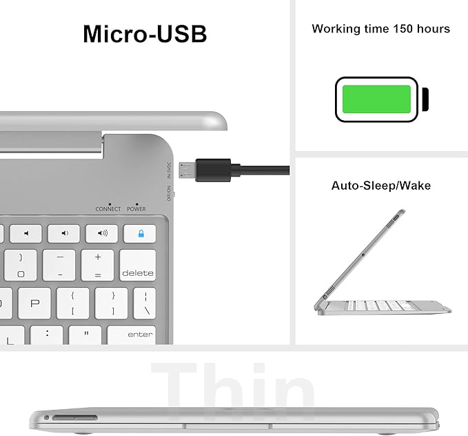 NOKBABO Keyboard for ipad 6th Generation, Compatible for ipad pro 9.7 inch,for ipad 5th Gen, for ipad Air 2 & 1 Keyboard, 130°Smart Folio Hard Back Cover, Ultra Slim, Auto Wake/Sleep - Silver