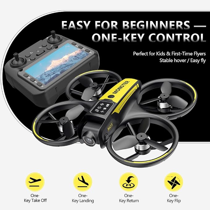 CloudWings Drone with camera for kids and Remote – Beginner RC Drone for Kids with Brushless Motor, Optical Flow Hover, One-Key Takeoff, FPV Video （black and yellow 1 Batteries)