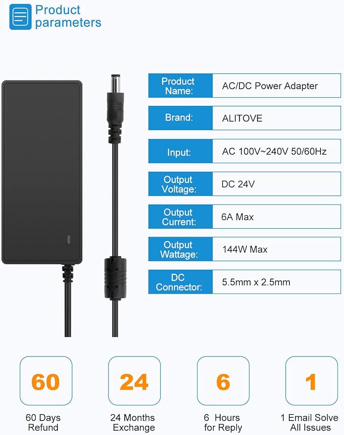 ALITOVE 24V 6A Power Supply Adapter Converter 100-240V AC to DC 24 Volt 144W 6Amp 5A 4A Transformer with 5.5x2.5mm Plug for AMS-2-Pro LED Strip Light CCTV Camera Monitor Massage Chair DC Pump