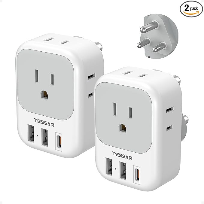 TESSAN Type M Adapter for South Africa Plug, South Africa Power Adapter 4 AC Outlets 3 USB Ports(1 USB C PD 20W), Travel Adaptor US to Botswana Namibia Nepal Bhutan, 2 Pack