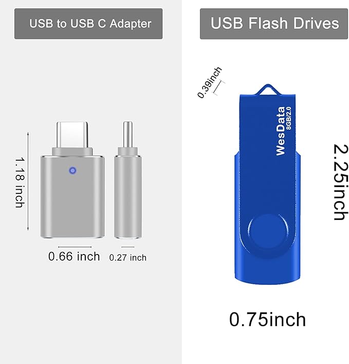 2 Pack 8GB USB 2.0 Flash Drive and 1 USB C Adapter, Thumb Drive USB Memory Stick Jump Drive, Compatible with OTG Type C Phones, Tablets, Laptop, PC (Blue, Red)